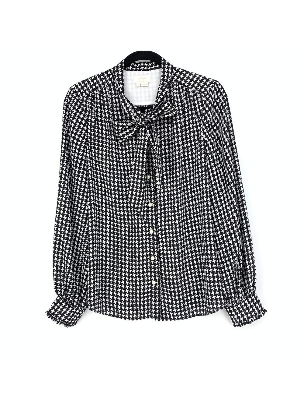 Kate Spade Women's Sz S Dashing Beauty Houndstooth Tie Neck Shirt In Black Cream - Picture 1 of 7